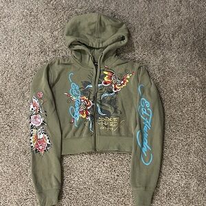 Ed Hardy Cropped Zip-Up Hoodie – Olive Green Tattoo Graphic
